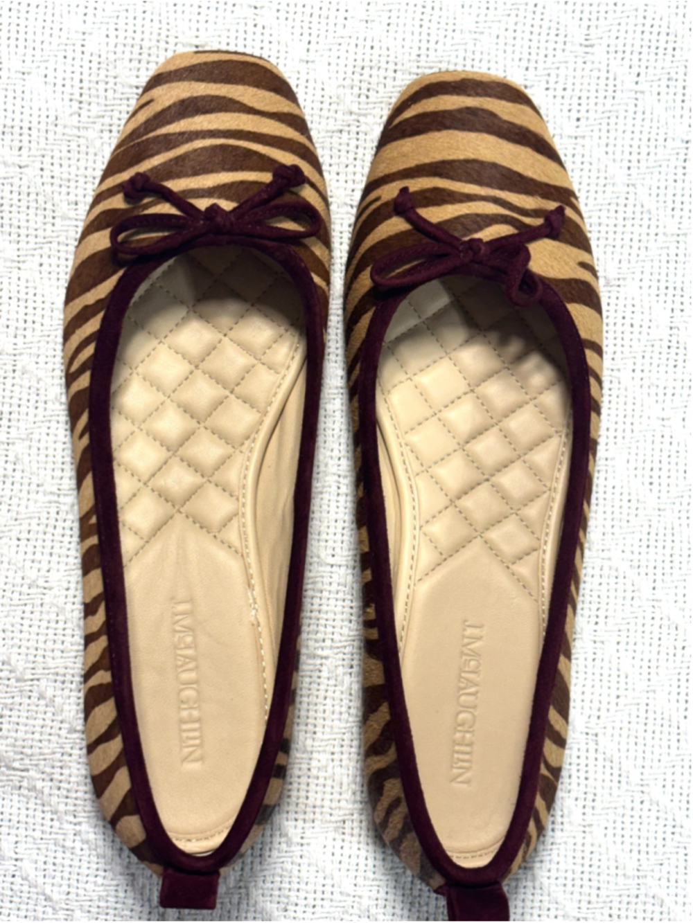 J. McLaughlin Anastasia Zebra Calf Hair Ballet Flats Brown Burgundy Bow NWD 7 - Picture 2 of 8